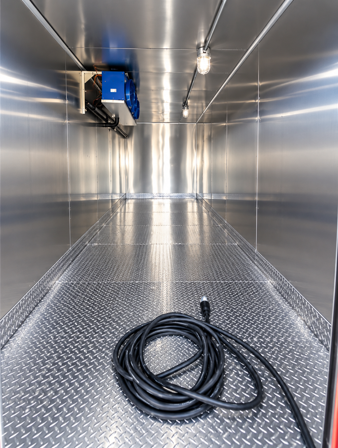 Insulated metal trailer interior with a visible cooling unit