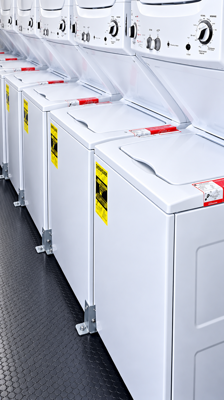 Row of white washing machines inside a mobile laundry facility