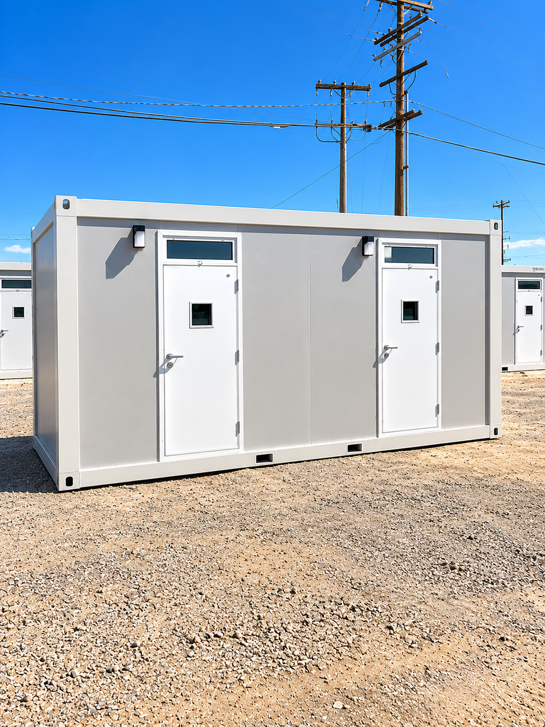 White mobile sleeping unit exterior with two visible doors